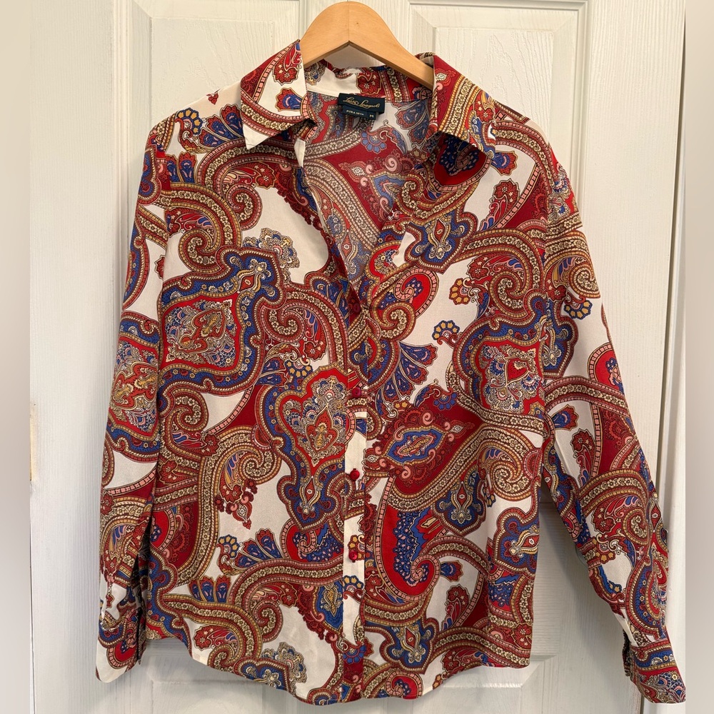 Luisa Spagnoli 100% Silk V-Neck Button Down Multicolor Paisley Blouse Medium